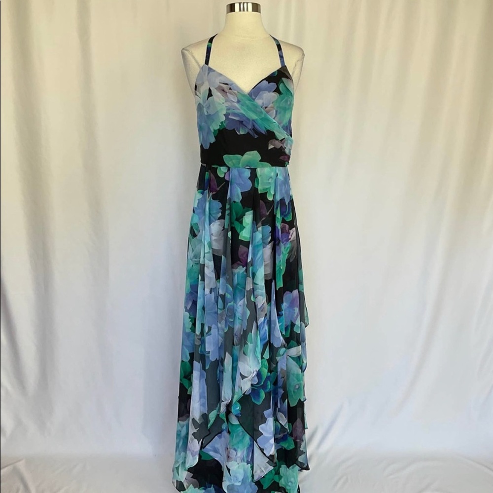 AQUA Women's Dress Size 4 Blue Floral Chiffon Sleeveless Cutout Back Long Gown